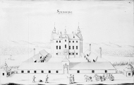 En fyrspann med manliga figurer vid en slottsbyggnad