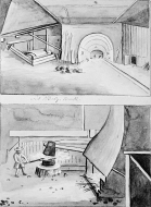 Interiör av "rådstugan" i hyttan samt interiör av hammarsmedjan